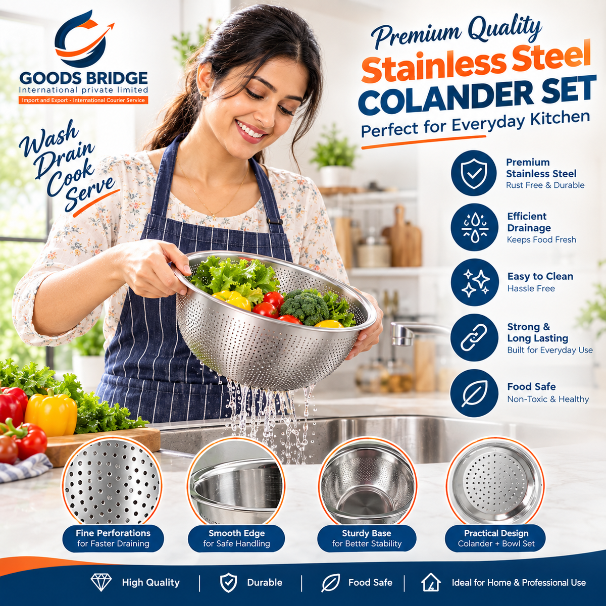 Stainless Steel Rice Washing Bowl with Strainer | Multipurpose Fruit, Vegetable, Pasta & Rice Washing Colander | Kitchen Drain Basket.  Stainless Steel Rice Washing Bowl with Strainer
